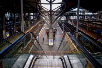 An empty Southern Cross Station in Melbourne during lockdown.