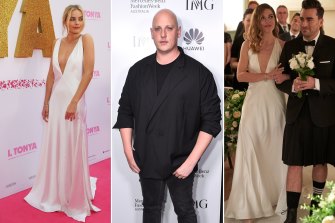 Margot Robbie wearing the Alexandra dress at the Sydney premiere of I, Tonya in 2018; Designer Michael Lo Sordo; Annie Murphy wearing the Alexandra dress in the Schittâ€™s Creek finale, alongside Dan Levy as Alexis and David Rose.