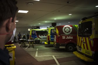 Ambulances “ramping” at the Royal Melbourne Hospital last month.