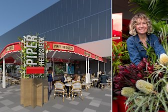Rendering of Piper Heidseck Bar at the Australian Open, florist Katie Marx working with stylist Christopher Wagstaff.