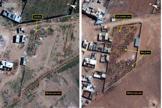 Satellite image provided by Amnesty International shows the military-run Saydnaya Prison, in 2010, left, and 2016, right, near Damascus, Syria. Amnesty International said they show an expanding cemetery, evidence of mass killings there. 