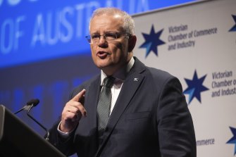 Prime Minister Scott Morrison speaking in Melbourne yesterday. 