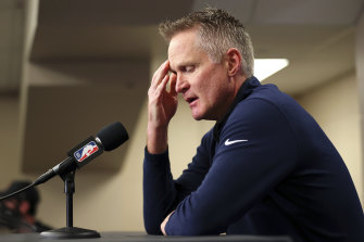 Golden State Warriors basketball coach Steve Kerr speaks to the media.