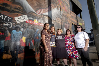 Former Greens MP Lidia Thorpe with Members of the Warriors of Aboriginal Resistance (L-R) Apryl Day, Tarneen Onus-Williams, Crystal McKinnon and Rosie Kalina.