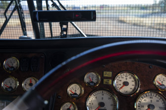 Inside truck driver Jimmy Ristovski’s cabin where modern technology brushes up against old. 
