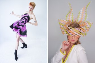 Emerging Designer winner Bethany Cordwell’s design and Melinda Osborne’s lattice bow headpiece receives the Milliner Award at the 2021 Melbourne Cup.