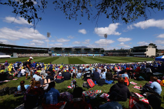 Fans fill the hill at Blundstone Arena during the last Test played in Hobart, between Australia and West Indies in 2015.