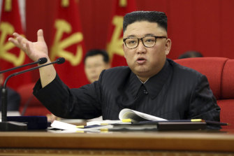 North Korean leader Kim Jong-un speaks during a Workers’ Party meeting in Pyongyang on Tuesday.
