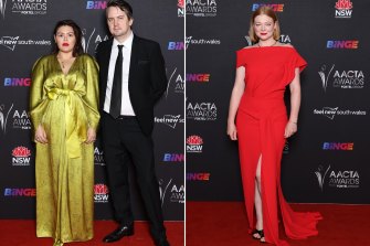 Nakkiah Lui and Tim Gabriel Dowrick and Sarah Snook arrive ahead of the 2021 AACTA Awards at the Sydney Opera House.
