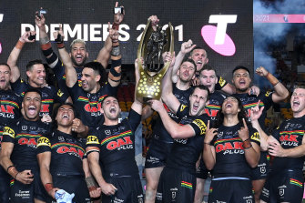 The Panthers after celebrating their NRL premiership victory on Sunday night. 
