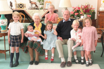 The Queen  and Prince Philip with their great-grandchildren at Balmoral in 2018.