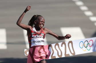 Peres Jepchirchir cannot hide her delight winning the Olympic Marathon in Sapporo.