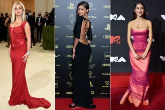 Addison Rae at the Met Gala in Gucci from 2003; Zendaya in a customised Roberto Cavalli gown from 2000 at the Ballon d’Or awards ceremony in Paris; Olivia Rodrigo in a 2001 strapless mermaid gown by Versace at the MTV Video Music Awards. 