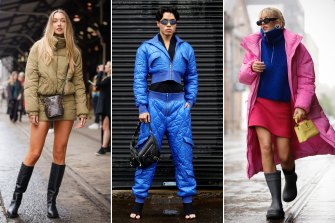 Power Puffer Posse: Sammy Robinson in a One Mile puffer jacket; Jack Huang in a cropped Dion Lee puffer; Violet Grace Atkinson wearing a Ganni puffer jacket.
