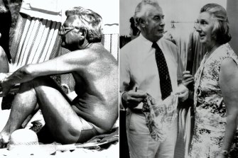 Bob Hawke watching the cricket in swimming briefs, 1986. Gough Whitlam investing in summer attire, 1974. 