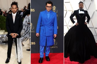 Pushing fashion boundaries: Lewis Hamilton at the 2021 Met Gala; Dan Levy at the 2021 Emmy Awards; Billy Porter at the 2019 Oscars.