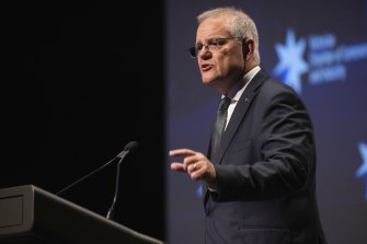 Prime Minister Scott Morrison speaking in Melbourne earlier this morning. 