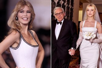 Supermodel Claudia Schiffer, modelling for Chanel in 1992, provided beauty inspiration for the bride, pictured with her father Nelson Peltz.