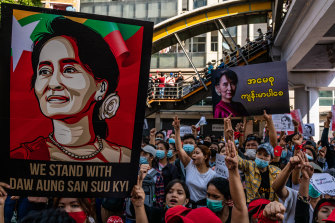 Demonstrators take to the streets of Yangon against the military coup, and call for the release of ousted state counsellor Aung San Suu Kyi. The three-finger salute, adopted from the Hunger Games films, has also been used as an anti-coup symbol of resistance in Thailand.