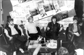 The Moody Blues at their press conference at The Sebel Town House. 
L to R: Graeme Edge, Justine Hayward, John Lodge and Patrick Moraz. February 23, 1984.
