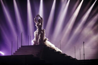 Sheldon Riley performs for Australia at the Eurovision Song Contest at the PalaOlimpico in Turin, Italy.