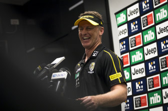 A relaxed Damien Hardwick enjoys a laugh at his press conference on Thursday.