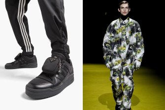 Sneakers from the Adidas by Prada Re-Nylon collection, available now and a jumpsuit from the autumn/winter 2022 menswear show.