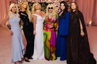Donatella Versace, Paris Hilton, Britney Spears, Madonna, Selena Gomez and Drew Barrymore delivering big bridesmaid energy at Spears’ LA wedding.