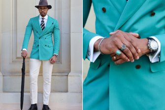 Teal appeal: Kalombo Ntuba’s 2021 winning entry for Myer Fashions on Your Front Lawn.