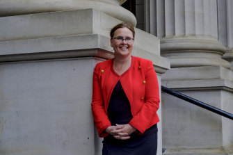 Jane Garrett on the steps of Parliament in 2018.