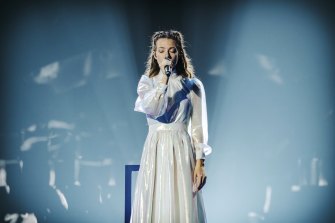 Greece’s Amanda Georgiadi Tenfjord at the 2022 Eurovision Song Contest.