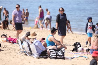 Melburnians out and about enjoying the sun in St Kilda.