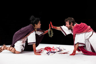 Zahra Newman and Ewen Leslie share a bloodied moment in Julius Caesar. 
