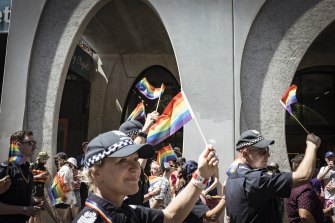 Members of Victoria Police march at the 2022 Midsumma Pride March, St Kilda.