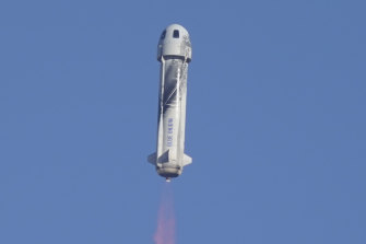 Jeff Bezos’ Blue Origin’s New Shepard rocket launches carrying passengers William Shatner, Chris Boshuizen, Audrey Powers and Glen de Vries from its spaceport near Van Horn, Texas.