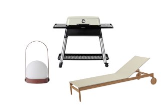 “Carrie” lamp; “Force 2″ barbecue; “Pelago” sunbed.