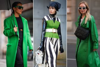 The Green Machine: Designer Effie Kats at Australian Fashion Week wearing her oversized Cali coat; Fleur Egan at Australian Fashion Week in Tory Burch; Sonia Lyson in Dulcie London coat, Berlin.