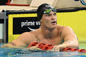 Cody Simpson catches his breath after finishing third in the men’s 100-metre butterfly final during day one of the 2022 Australian Swimming Championships.