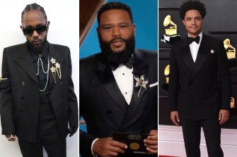 Boys and brooches. Kendrick Lamar in Louis Vuitton at the Super Bowl. Anthony Anderson with a Chopard brooch at the 2021 Golden Globes and Trevor Noah wearing a Tiffany & Co. brooch at the 2021 Grammys.
