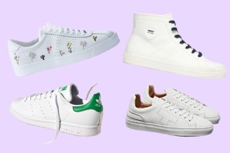 Clockwise from top left: Superga 2869 Club S Flower Bloom Embroidery; Mimco Est. 96 Sneakers;  Taeger Cupsole; Adidas Stan Smith Sustainable.  