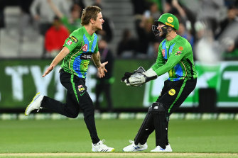 Adam Zampa celebrates after the Melbourne Stars’ win over the Sydney Thunder.