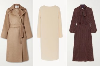 Manuela Coat from Max Mara, $4870;  Larina Dress, The Row, $1662;  Lottie dress, Ceffin $699