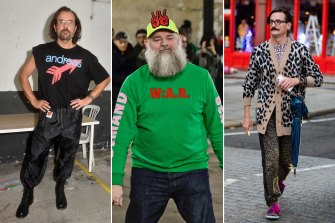 The pin-up alternatives to wearing dad jeans. Vivienne Westwood designer Andreas Kronthaler (56), Belgian designer Walter Van Beirendonck (65) and Vogue editor-at-large Hamish Bowles (58).