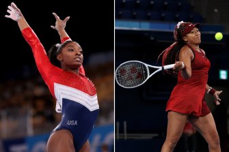 Gymnast Simone Biles and tennis player Naomi Osaka competing at the Tokyo 2020 Olympics.