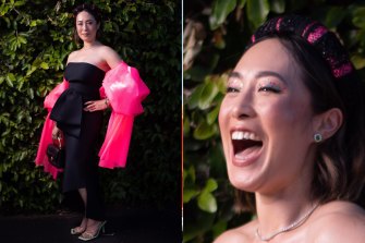 Melissa Leong in Cappellazzo Couture added colour to her Melbourne Cup outfit with striking make-up featuring mini paillettes.