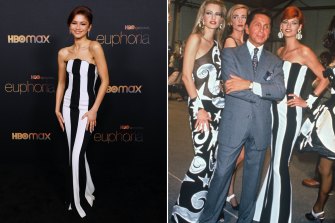 Zendaya wearing vintage Valentino at the Euphoria premiere and the original backstage at the Valentino spring-summer 1992 collection in Paris. Supermodel Linda Evangelista modelled the dress.