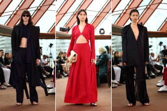 Oversized tailoring and cut outs. Classics with a twist and midriff from Charlotte Hicks, designer for Esse Studios at the Sydney Opera House.