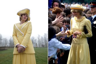 Kristen Stewart as Diana in ‘Spencer’ delivering naval chic in daffodil. Princess Diana in a more mellow yellow ensemble on a visit to Canada in 1983.