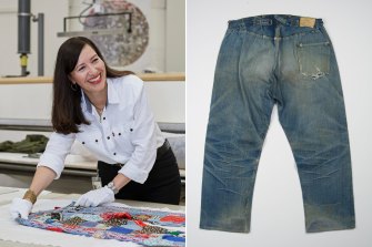 Historian Tracey Panek, giving Levi’s the white glove treatment; an early pair of Levi’s 501 jeans without the rear left pocket that was introduced in 1901.