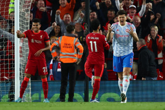 A despondent Maguire during Manchester United’s 4-0 loss to Liverpool this week.